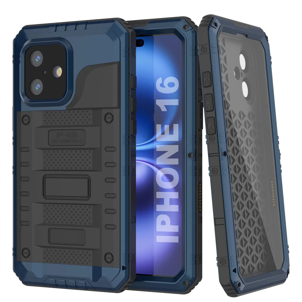 iPhone 16 Metal Extreme 3.0 Series Aluminum Waterproof Case IP68 W/Buillt in Screen Protector & Kickstand [Blue]