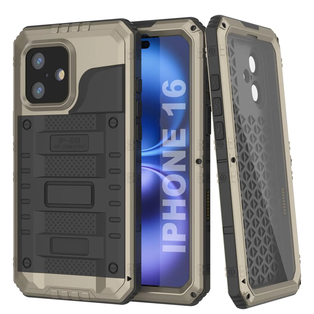 iPhone 16 Metal Extreme 3.0 Series Aluminum Waterproof Case IP68 W/Buillt in Screen Protector & Kickstand [Gold]