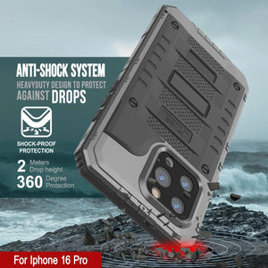 iPhone 16 Pro Metal Extreme 3.0 Series Aluminum Waterproof Case IP68 W/Buillt in Screen Protector & Kickstand [Silver]