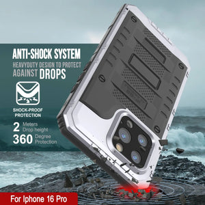 iPhone 16 Pro Metal Extreme 3.0 Series Aluminum Waterproof Case IP68 W/Buillt in Screen Protector & Kickstand [White]