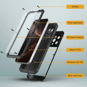 iPhone 16 Pro Metal Extreme 3.0 Series Aluminum Waterproof Case IP68 W/Buillt in Screen Protector & Kickstand [Black]