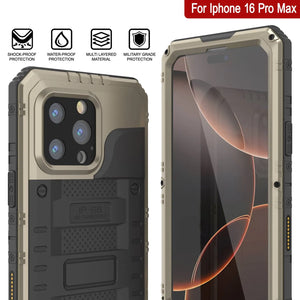 iPhone 16 Pro Max Metal Extreme 3.0 Series Aluminum Waterproof Case IP68 W/Buillt in Screen Protector & Kickstand [Gold]