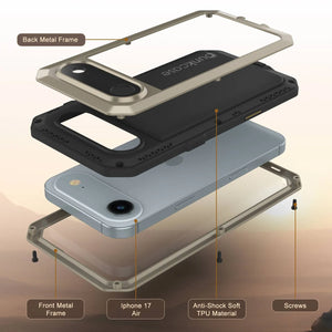 iPhone 17 Air Metal Case, Heavy Duty Military Grade Armor Cover [shock proof] Full Body Hard [Gold]
