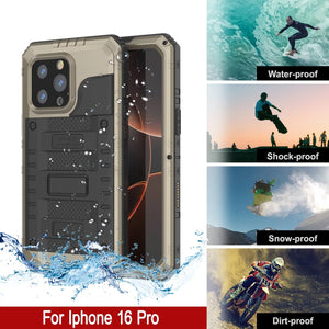iPhone 16 Pro Metal Extreme 3.0 Series Aluminum Waterproof Case IP68 W/Buillt in Screen Protector & Kickstand [Gold]