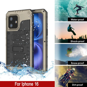 iPhone 16 Metal Extreme 3.0 Series Aluminum Waterproof Case IP68 W/Buillt in Screen Protector & Kickstand [Gold]