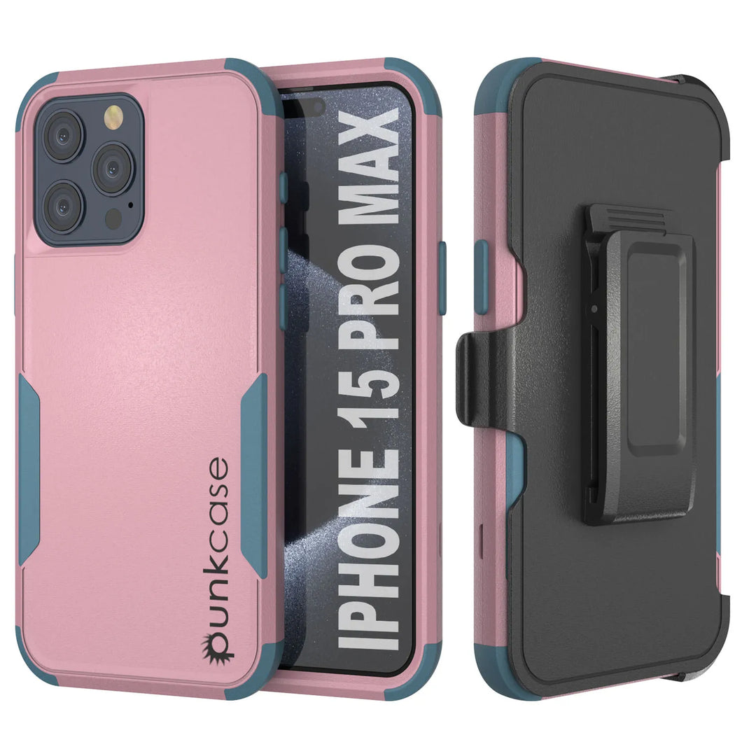 Punkcase for iPhone 15 Pro Max Belt Clip Multilayer Holster Case [Patron Series] [Pink-Blue]