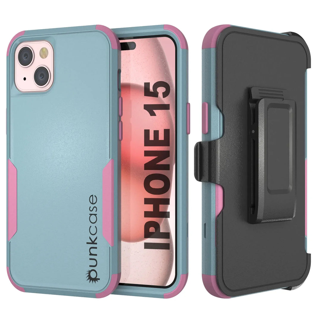 Punkcase for iPhone 15 Belt Clip Multilayer Holster Case [Patron Series] [Mint-Pink]