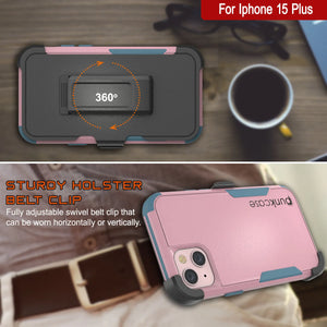 Punkcase for iPhone 15 Plus Belt Clip Multilayer Holster Case [Patron Series] [Pink-Blue]