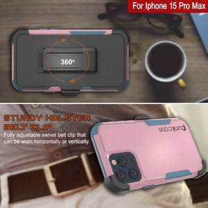 Punkcase for iPhone 15 Pro Max Belt Clip Multilayer Holster Case [Patron Series] [Pink-Blue]