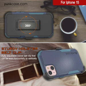 Punkcase for iPhone 15 Belt Clip Multilayer Holster Case [Patron Series] [Navy Blue]