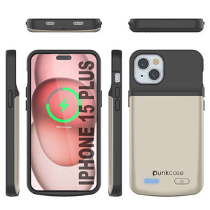 iPhone 15 Plus Battery Case, PunkJuice 5000mAH Fast Charging Power Bank W/ Screen Protector | [Gold]