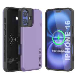iPhone 16 Battery Case, PunkJuice 5000mAH Fast Charging MagSafe Power Bank W/ Screen Protector | [Purple]