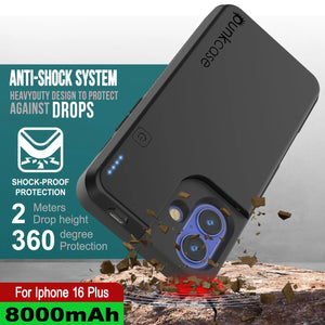 iPhone 16 Plus Battery Case, PunkJuice 8000mAH Fast Charging MagSafe Power Bank W/ Screen Protector | [Black]