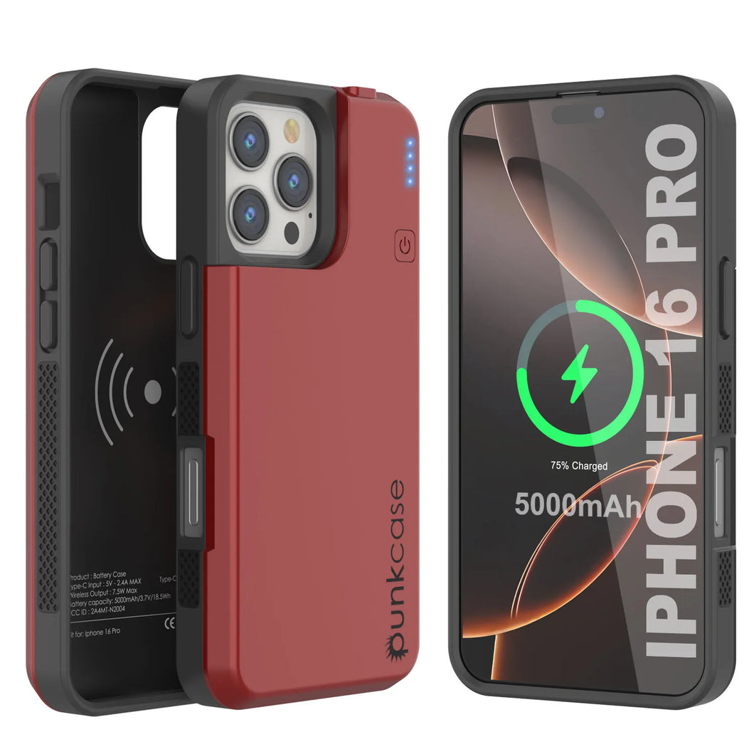iPhone 16 Pro Battery Case, PunkJuice 5000mAH Fast Charging MagSafe Power Bank W/ Screen Protector | [Red]