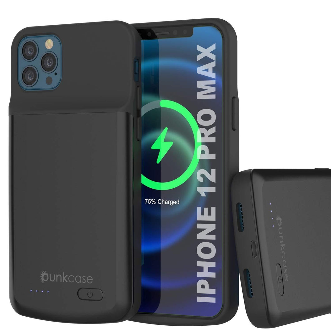 iPhone 12 Pro Max Battery Case, PunkJuice 4800mAH Fast Charging Power Bank W/ Screen Protector | [Black]