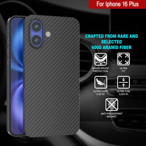 Punkcase iPhone 16 Plus Carbon Fiber Case [AramidShield Series] Ultra Slim & Light Kevlar [Black]