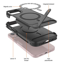 Load image into Gallery viewer, PunkCase iPhone 15 Case, [Spartan X Series] Rugged Heavy Duty Cover W/Kickstand+MagRing [Black]
