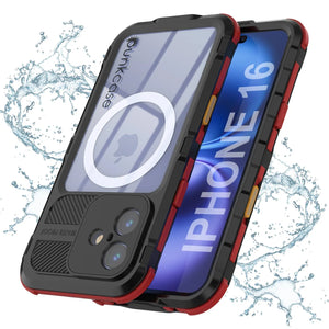 iPhone 16 Metal Extreme 2.0 Series Aluminum Waterproof Case IP68 W/Buillt in Screen Protector [Black-Red]
