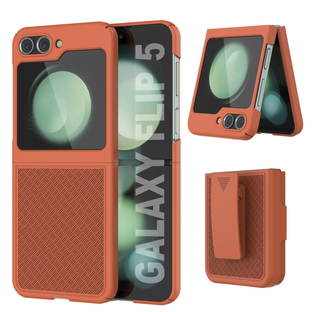 Galaxy Z Flip5 Case With Tempered Glass Screen Protector, Holster Belt Clip & Built-In Kickstand [Orange]