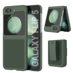 Galaxy Z Flip5 Case With Tempered Glass Screen Protector, Holster Belt Clip & Built-In Kickstand [Green]