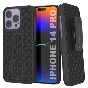 iPhone 15 Pro Case With Tempered Glass Screen Protector, Holster Belt Clip & Built-In Kickstand [Black]