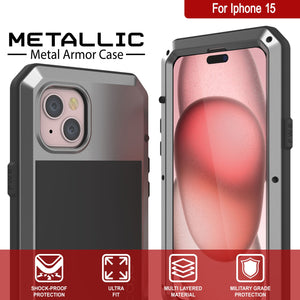 iPhone 15 Metal Case, Heavy Duty Military Grade Armor Cover [shock proof] Full Body Hard [Silver]