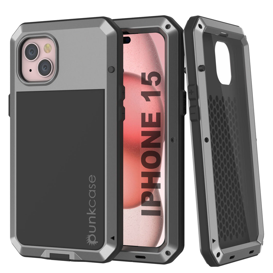 iPhone 15 Metal Case, Heavy Duty Military Grade Armor Cover [shock proof] Full Body Hard [Silver]