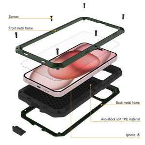 iPhone 15 Metal Case, Heavy Duty Military Grade Armor Cover [shock proof] Full Body Hard [Dark Green]