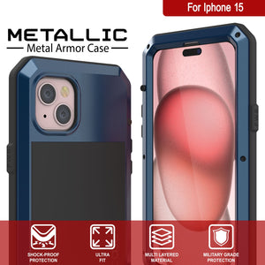 iPhone 15 Metal Case, Heavy Duty Military Grade Armor Cover [shock proof] Full Body Hard [Blue]