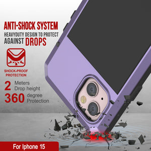 iPhone 15 Metal Case, Heavy Duty Military Grade Armor Cover [shock proof] Full Body Hard [Purple]