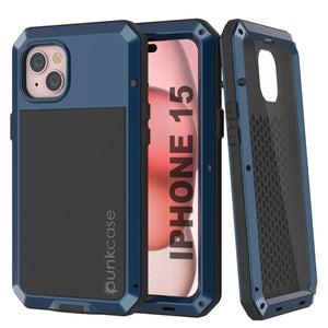 iPhone 15 Metal Case, Heavy Duty Military Grade Armor Cover [shock proof] Full Body Hard [Blue]