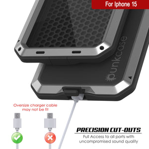 iPhone 15 Metal Case, Heavy Duty Military Grade Armor Cover [shock proof] Full Body Hard [Silver]