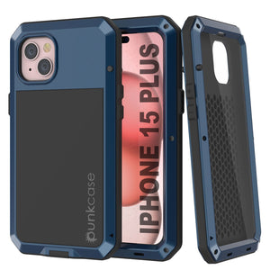 iPhone 15 Plus Metal Case, Heavy Duty Military Grade Armor Cover [shock proof] Full Body Hard [Blue]