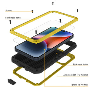 iPhone 15 Pro Max Metal Case, Heavy Duty Military Grade Armor Cover [shock proof] Full Body Hard [Yellow]