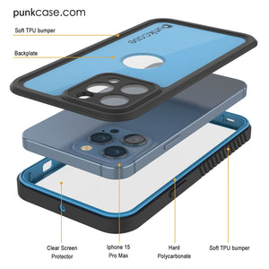 iPhone 15 Pro Max Waterproof IP68 Case, Punkcase [Light blue] [StudStar Series] [Slim Fit] [Dirtproof]