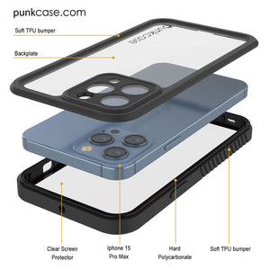 iPhone 15 Pro Max Waterproof IP68 Case, Punkcase [Clear] [StudStar Series] [Slim Fit] [Dirtproof]