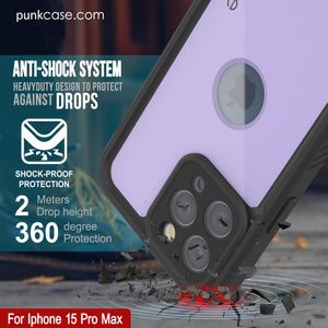 iPhone 15 Pro Max Waterproof IP68 Case, Punkcase [Lilac] [StudStar Series] [Slim Fit] [Dirtproof]