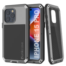 Load image into Gallery viewer, iPhone 15 Pro Metal Case, Heavy Duty Military Grade Armor Cover [shock proof] Full Body Hard [Silver]
