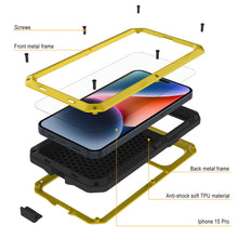 Load image into Gallery viewer, iPhone 15 Pro Metal Case, Heavy Duty Military Grade Armor Cover [shock proof] Full Body Hard [Yellow]
