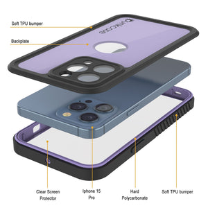 iPhone 15 Pro Waterproof IP68 Case, Punkcase [Lilac] [StudStar Series] [Slim Fit] [Dirtproof]