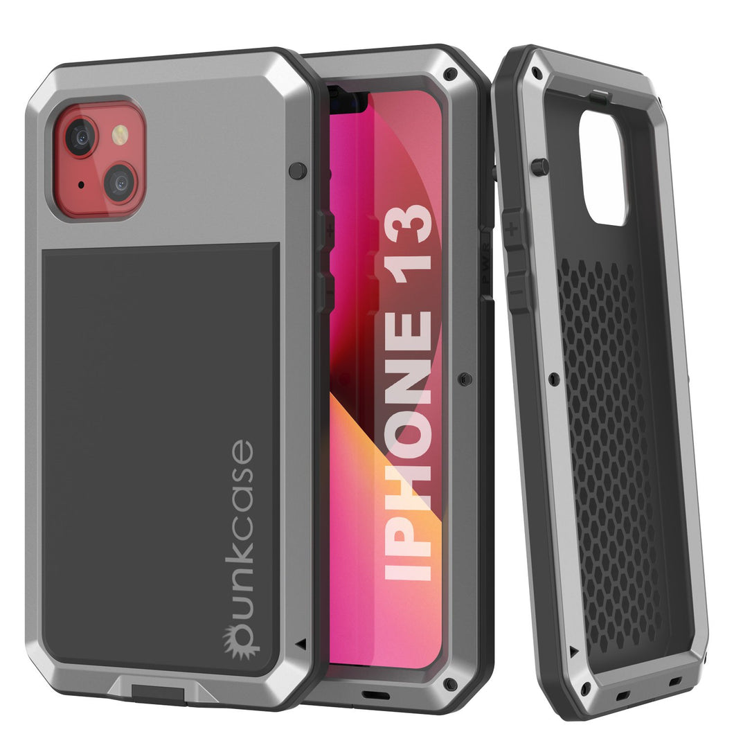 iPhone 13 Metal Case, Heavy Duty Military Grade Armor Cover [shock proof] Full Body Hard [Silver]