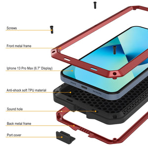 iPhone 13 Pro Max Metal Case, Heavy Duty Military Grade Armor Cover [shock proof] Full Body Hard [Red]