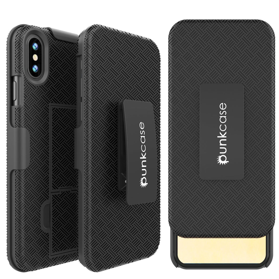 Punkcase iPhone 12 Pro Max Case With Tempered Glass Screen Protector, Holster Belt Clip & Built-In Kickstand [Black]