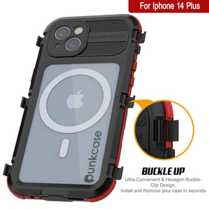 iPhone 14 Plus Metal Extreme 2.0 Series Aluminum Waterproof Case IP68 W/Buillt in Screen Protector [Black-Red]