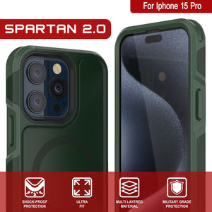 PunkCase iPhone 15 Pro Case, [Spartan 2.0 Series] Clear Rugged Heavy Duty Cover W/Built in Screen Protector [dark green]