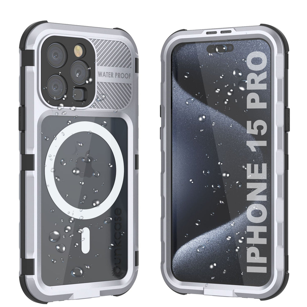 iPhone 15 Pro Metal Extreme 2.0 Series Aluminum Waterproof Case IP68 W/Buillt in Screen Protector [White]