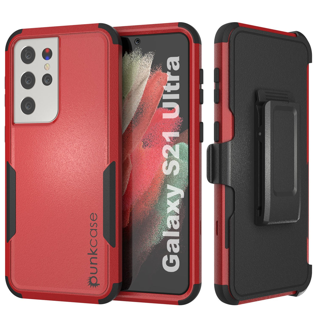 Punkcase for Galaxy S21 Ultra 5G Belt Clip Multilayer Holster Case [Patron Series] [Red-Black]