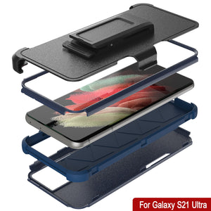 Punkcase for Galaxy S21 Ultra 5G Belt Clip Multilayer Holster Case [Patron Series] [Navy]